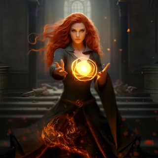 render] a 20 female mage fire spell battle red hair curly